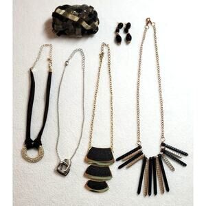 6 Pc Lot Black Goldtone Jewelry Necklace Bracelet Earrings Y2K Vtg Boho